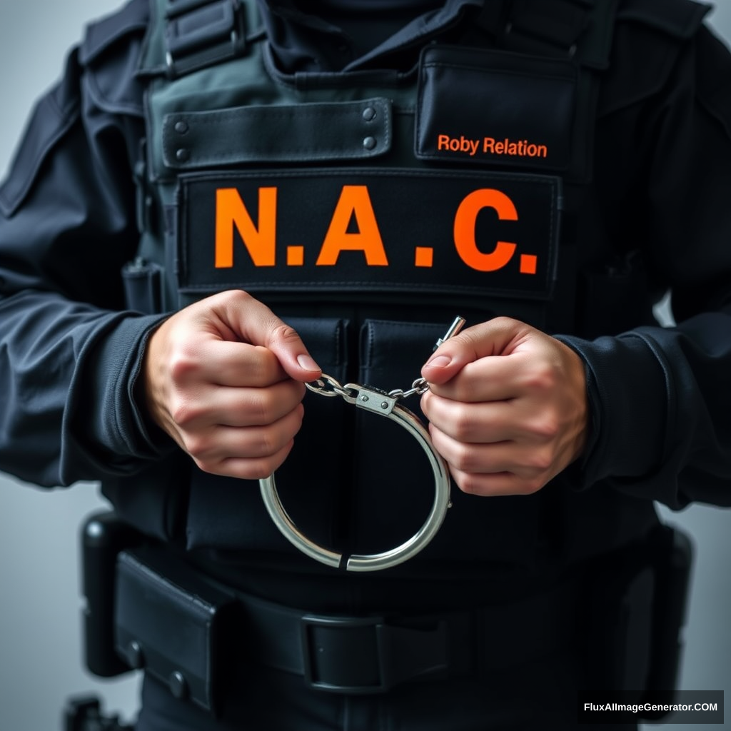 A soldier in black gear with a black and orange inscription N.A.C. on his vest is wearing handcuffs, a shot of his hands in handcuffs in front of him. - Image