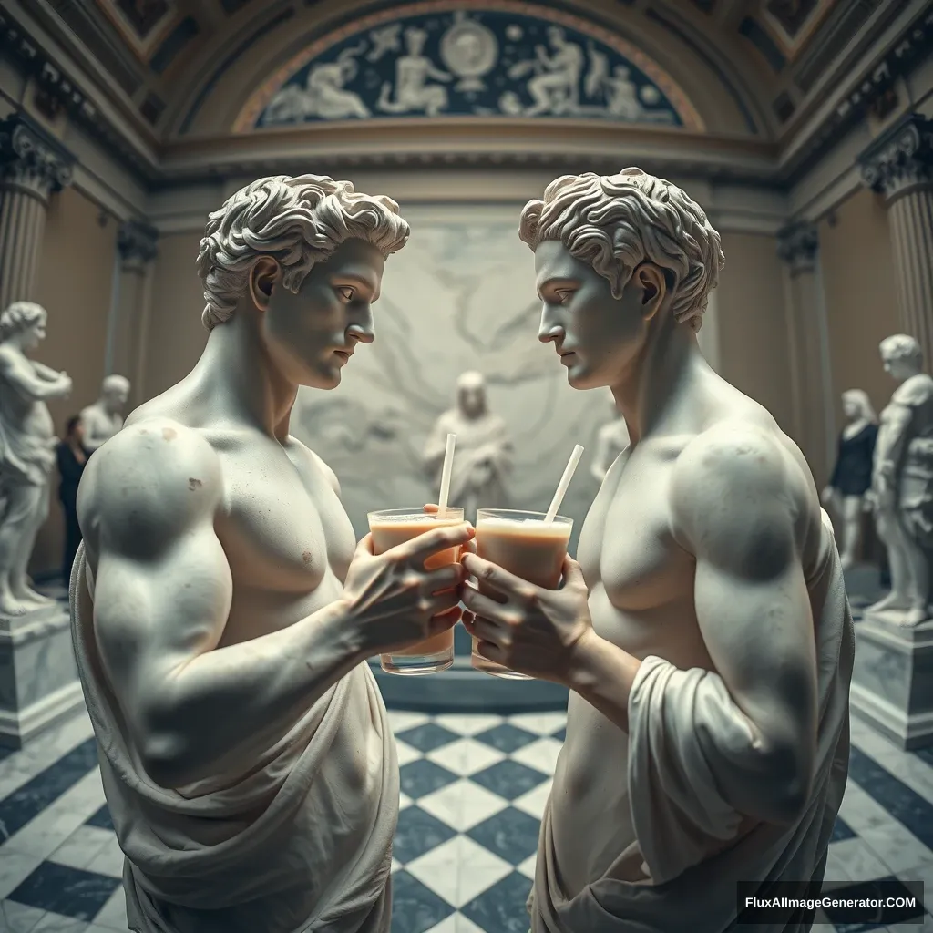 Creative advertisement for milk tea, wide-angle lens, surreal imagery, ancient Greek sculptures, museum exhibition hall, holding milk tea, dialogue with each other, turning back to marble texture, fair-skinned, background is a museum, photographic art, depth of field, surreal imagery, Michelangelo, Andrei Rimbov, lighting.