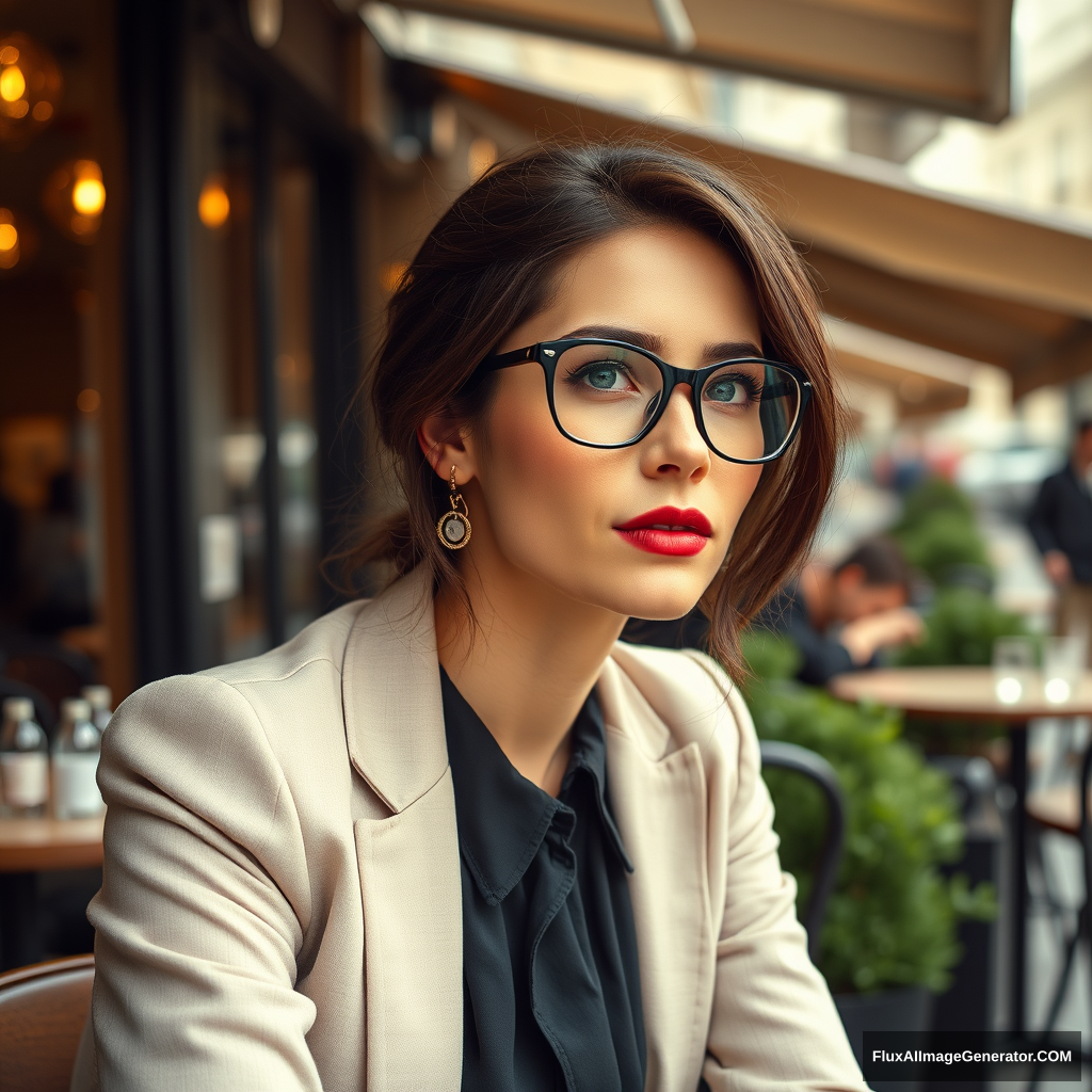 A stunning business woman wearing eyeglasses sitting at a café in Paris.