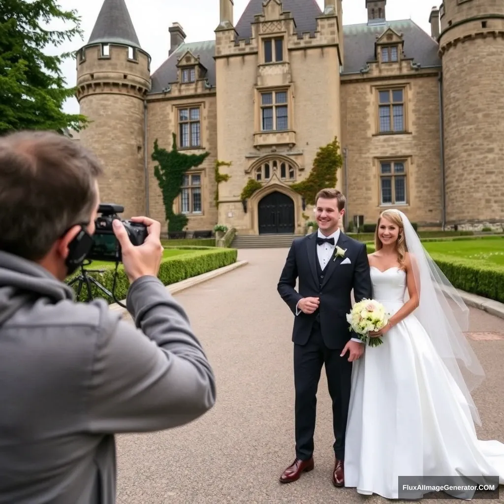 A photographer is taking wedding photos of a young couple in front of a historical castle.