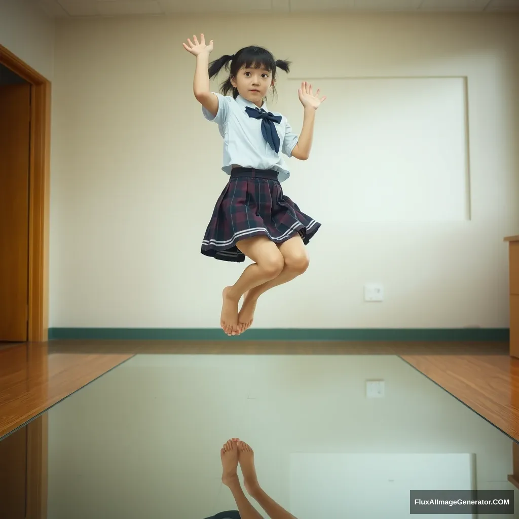 A Japanese schoolgirl wearing a skirt jumped up in the room, and the floor is a mirror. - Image