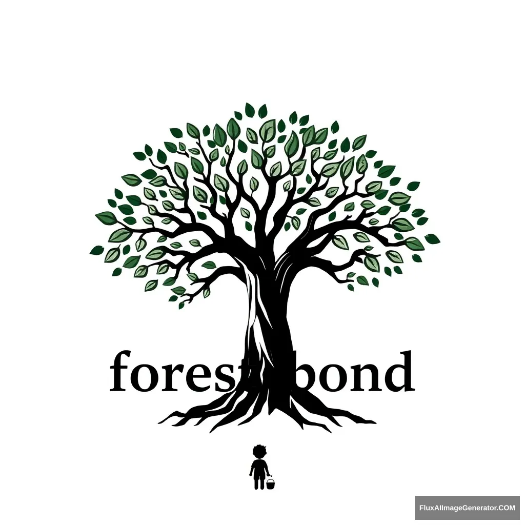 It's a logo for an app called forestbond. It's a tree in the shape of a woman spreading its branches with a lot of leaves. It gives the impression of deep and solid roots. Draw it in a reverent way and write the words Forest Bond underneath it in capital letters. It should have a serious feel to it. Don't overlap the drawing and text. Make it look like a child is under the tree looking up at it. Draw the whole thing in black on a transparent background.