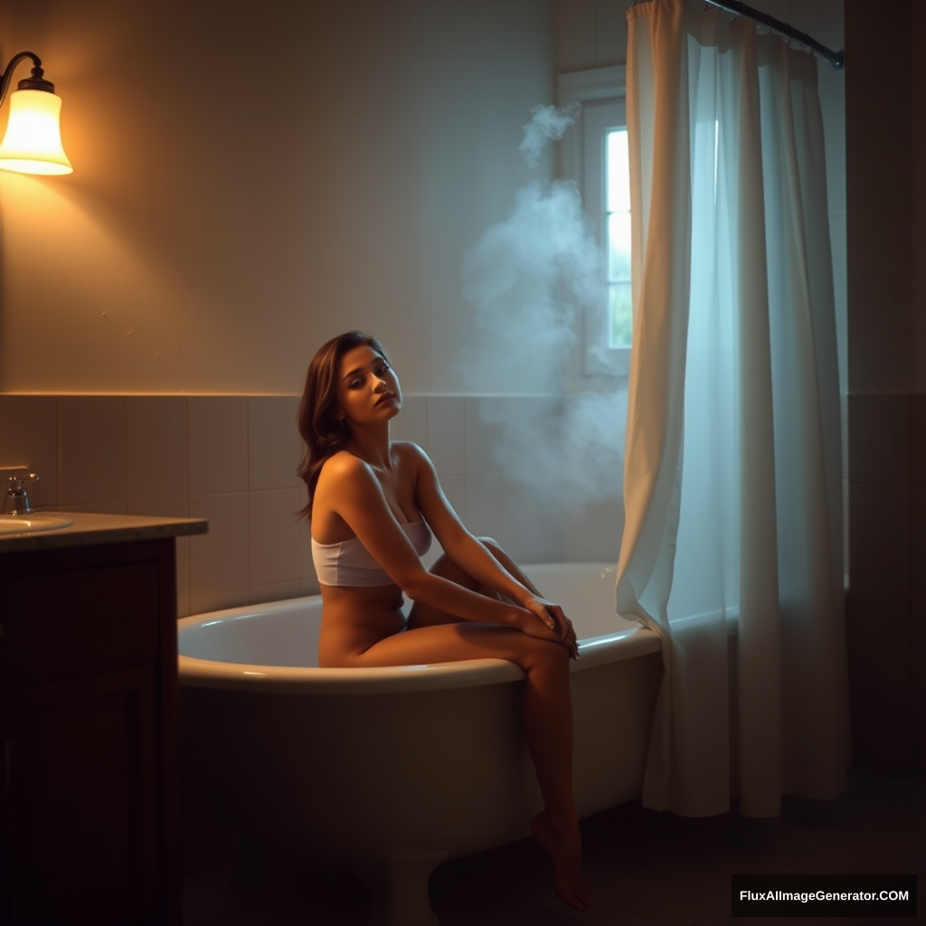 A dimly lit bathroom with a warm glow emanating from the vanity lights, casting a soft ambiance on the woman's serene face. She sits comfortably on the edge of the bathtub, her hands cradling the porcelain, as if lost in thought. The shower curtain is partially open, revealing a glimpse of steamy glass, and the tile floor glistens with moisture. - Image