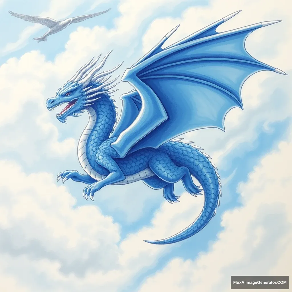 "Please draw an Eastern Blue Dragon flying in the sky with a silver-white metallic feel." - Image