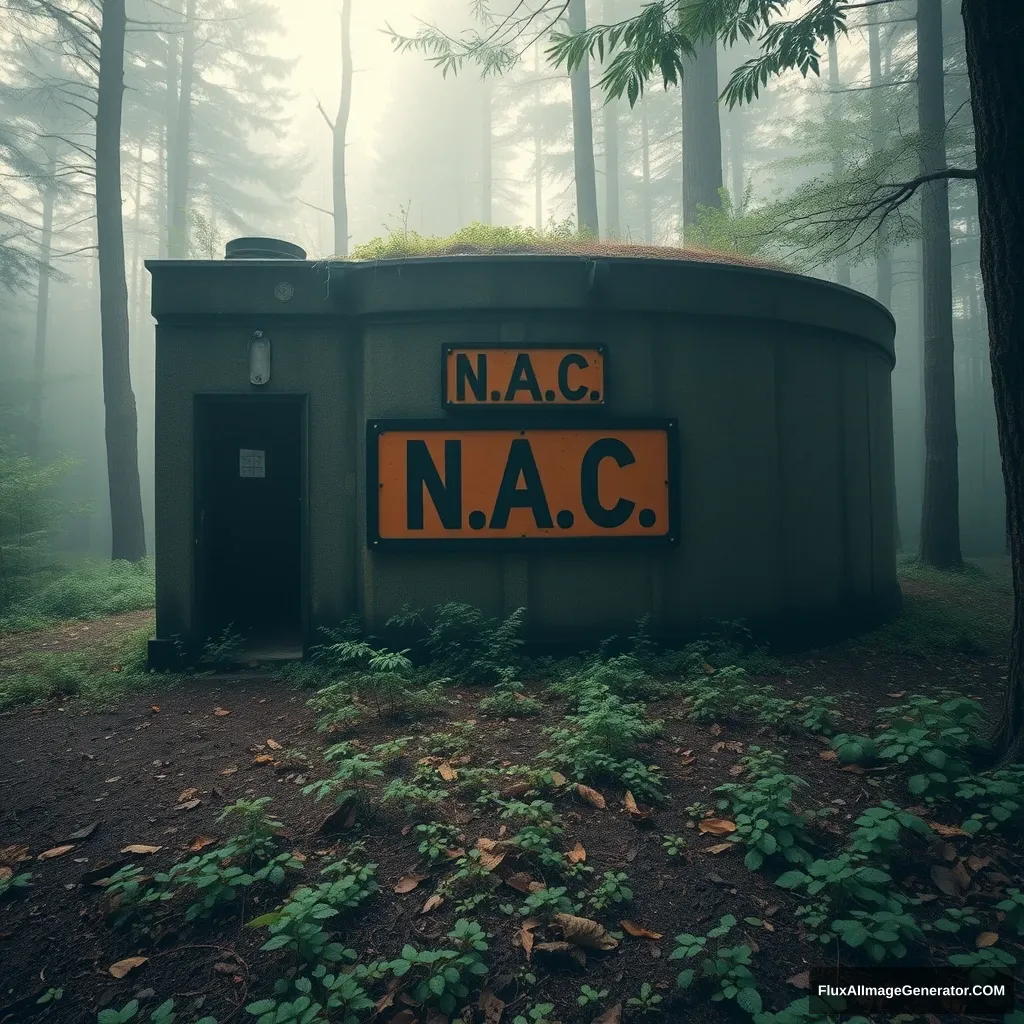 Abandoned military bunker with a black and orange sign N.A.C. in the forest, in the fog. - Image