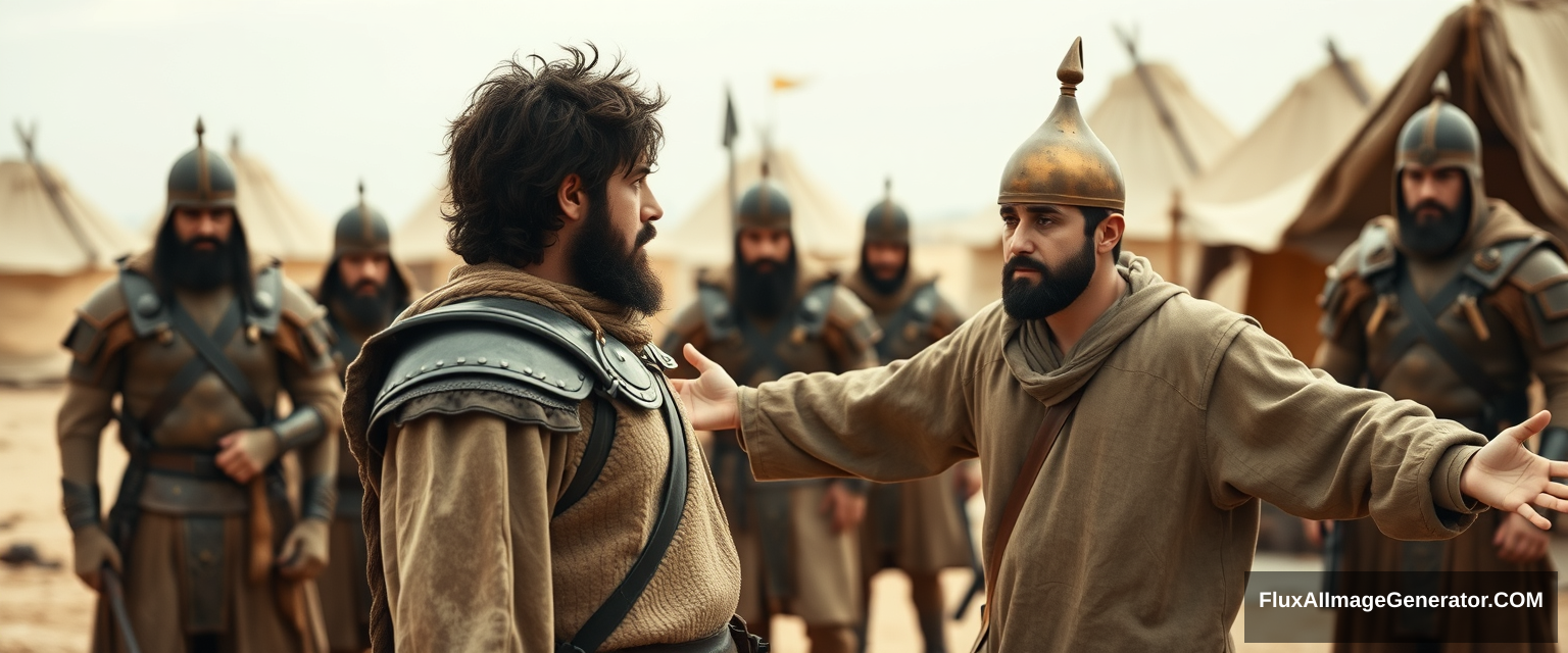 Create an image of two men standing apart and facing off, with a group of four soldiers gathered closely behind the man on the left. The man on the right is a young man, his arms stretched out to the sides, looking shocked. He has dark, messy, unkempt hair and a beard, dressed in a simple biblical-era shepherd's tunic, and is looking sternly into the eyes of the man on the left. The other man appears middle-aged, has a Jewish black beard, and is wearing a full suit of biblical-era leather armor along with a conical brass helmet with a pointed tip. The overall mood of the image is one of anxiety and concern. The background shows a blurred ancient biblical Jewish army camp with desert Arabic tents. The overall atmosphere is intense and cinematic. - Image