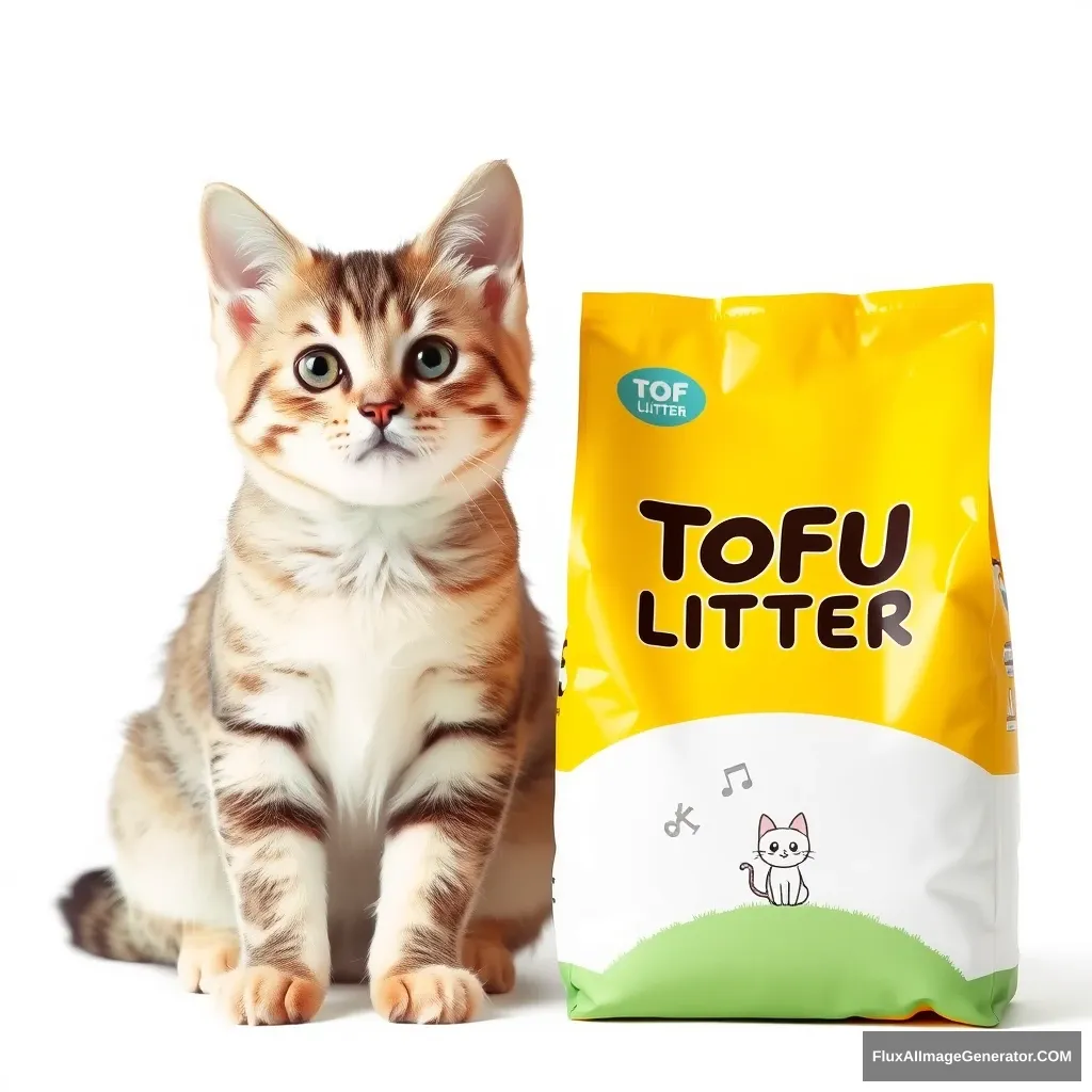 On the left is a very docile and cute cat looking directly at the viewer, and on the right is a yellow and white tofu cat litter packaging display, with "TOFU CAT LITTER" printed on the packaging bag and a simple cartoon cat sitting on a grassy field printed on a small part of the front of the packaging. The background is pure white. - Image