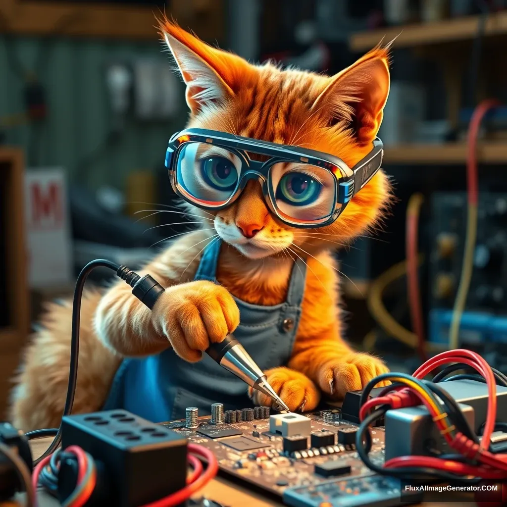 A mischievous ginger tabby cat, wearing oversized safety goggles and a tiny blue Pixar lamp apron, delicately wields a soldering iron. The cat focuses intently on repairing a complex motherboard, surrounded by colorful wires and computer parts in a cozy, warmly-lit workshop. - Image