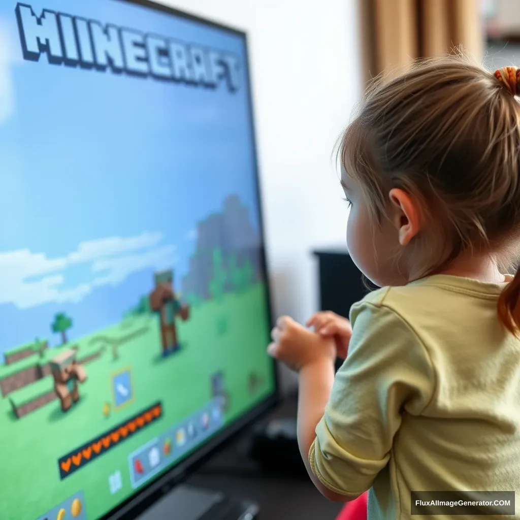 A little girl is playing Minecraft in front of the screen, with clear game graphics.