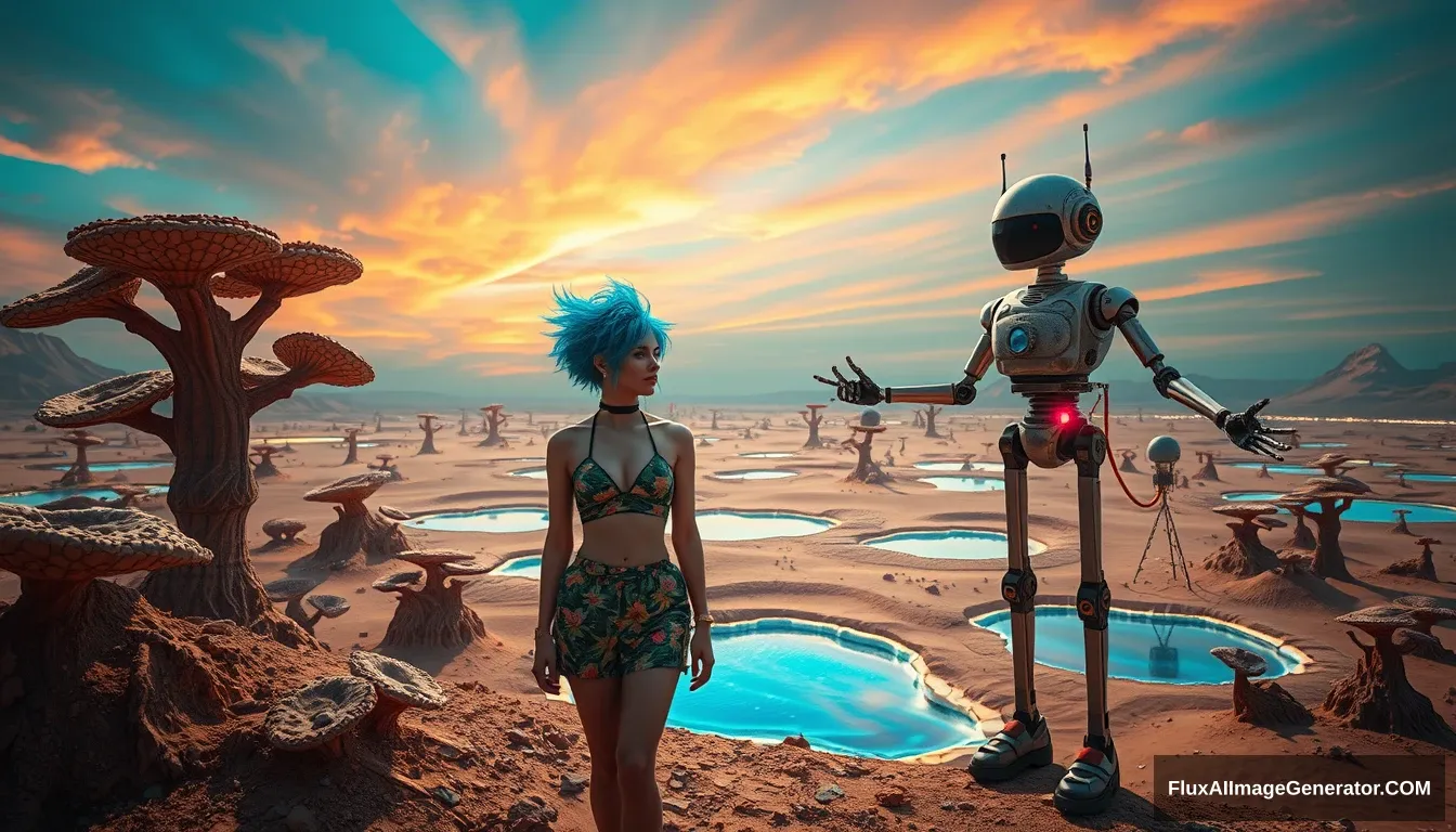 Cinematic Photo of a couple in the intricate style of Enki Bilal: A delicious attractive punk girl with electric blue spiky hair and a charming retro-futuristic robot in Hawaiian shorts, on a surreal alien Desert adorned with iridescent fungi and shimmering lakes, all beneath a vibrant, dreamlike sky. - Image