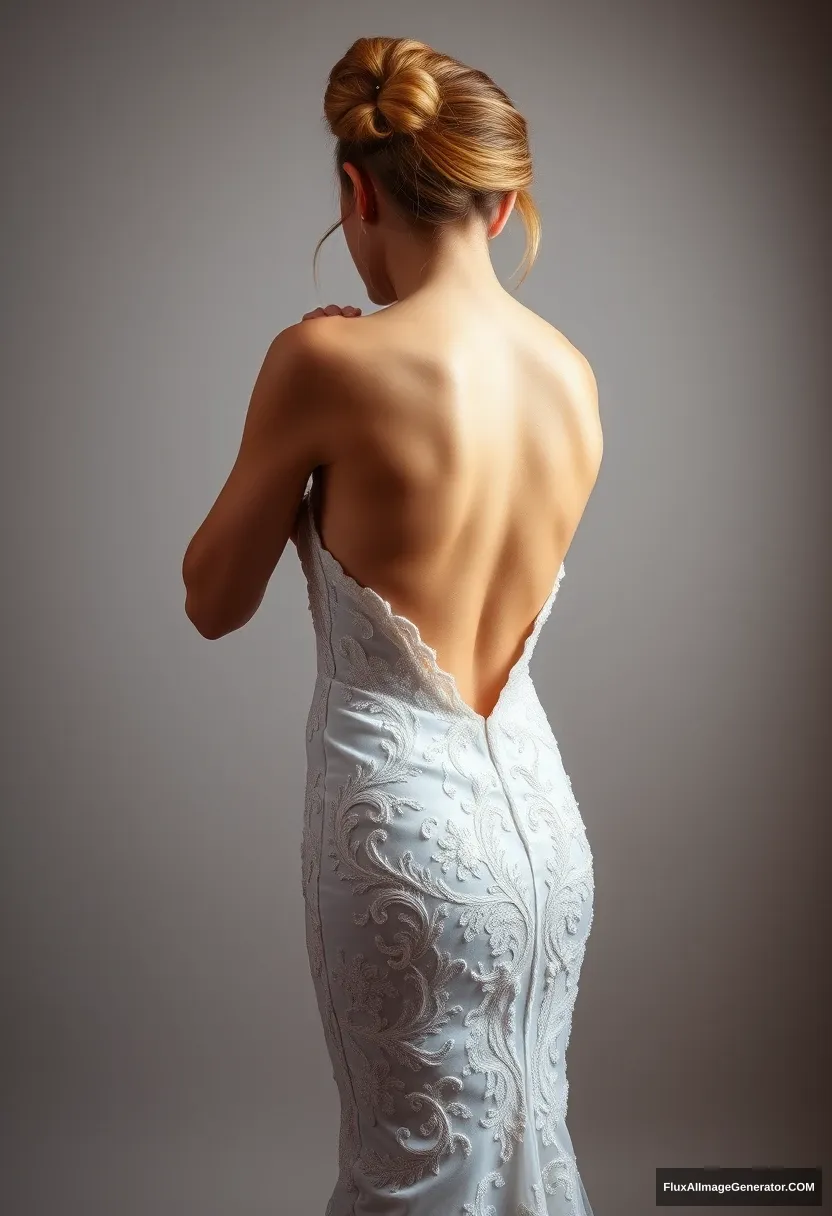 A short young woman, sensitive, delicate, ashamed, wearing a backless, strapless, side-less, low-waisted, open-back contouring wedding dress with a top that is too loose, making it seem like it's coming undone, and she has to hold the top in place, in front of patriarchy and expectations. - Image