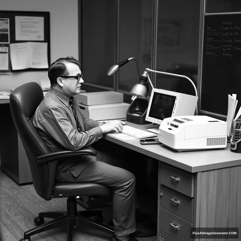 black and white picture  
They're chatting at work.  
a chair under a desk  
wearing his glasses  
copy machine  