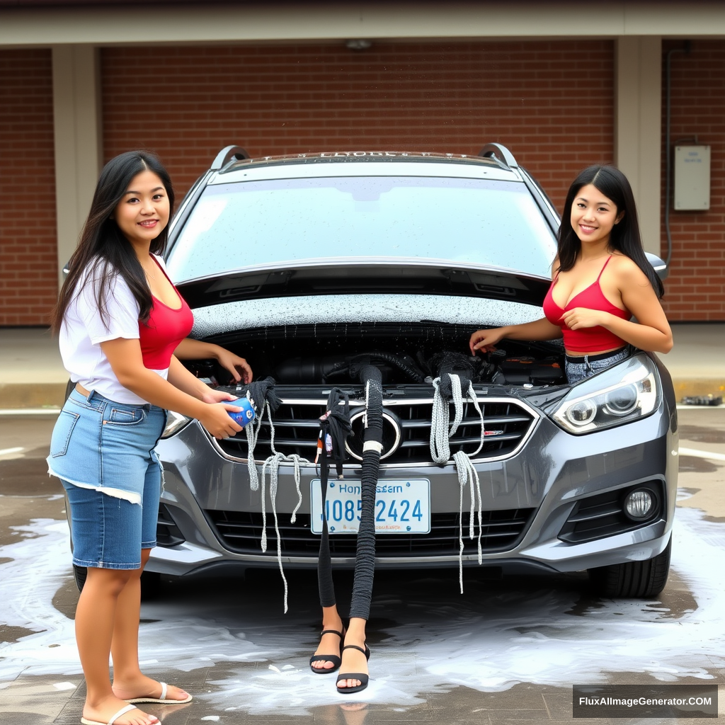 3 very large-chested Asian female college students washing a car. - Image