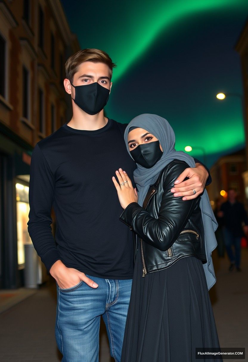 Jamie Dornan, tall, young, wearing a black face mask, black long-sleeve playboy t-shirt, jeans, 

dating a beautiful gray hijab-wearing Muslim girl with stunning eyes, also wearing a black face mask, a leather jacket, and an extremely long and wide skirt, not very tall, 

lying on his shoulder, in town, photorealistic, street photography, night scenery, aurora borealis.