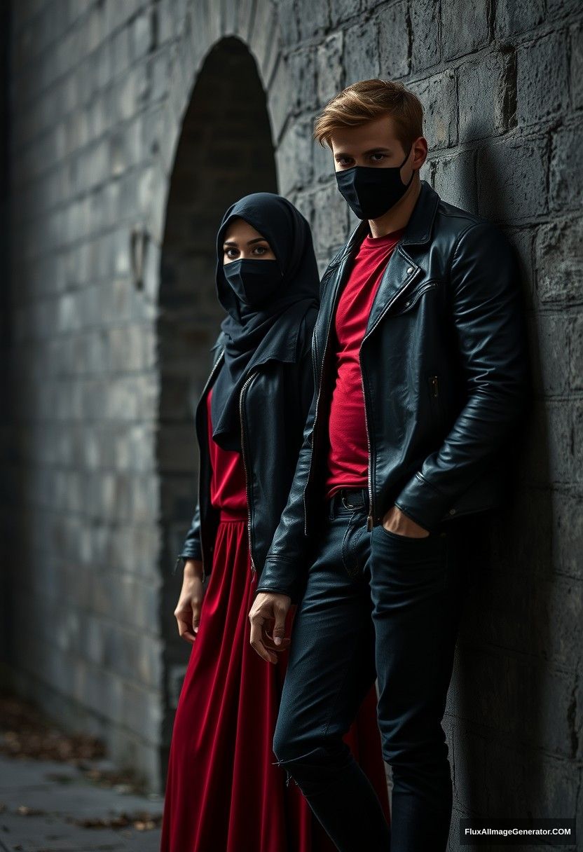 A biggest black hijab girl, beautiful eyes, face mask black, black leather jacket, biggest red longest dress, untall,

Jamie Dornan, handsome, face mask black, fit and tough body, Nike red t-shirt, black leather jacket, jeans, tall man,

standing lean at wall together,
Hyper realistic, photorealistic, studio photography, Victoria's abandoned castle, gloomy, darkness.