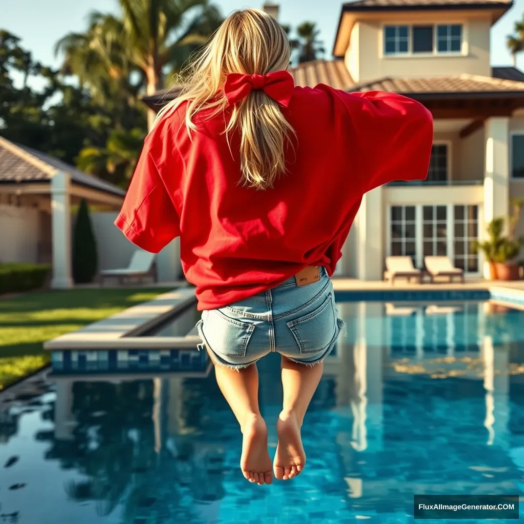 Back view of a young blonde skinny woman who is in her early twenties is in her massive backyard wearing a massively oversized red polo t-shirt, which is a bit off balance on one of the shoulders, and the bottom part of her t-shirt is tucked in on all sides. She is also wearing M-sized light blue denim shorts and has no shoes or socks. She dives into her massive luxurious pool upside-down. - Image