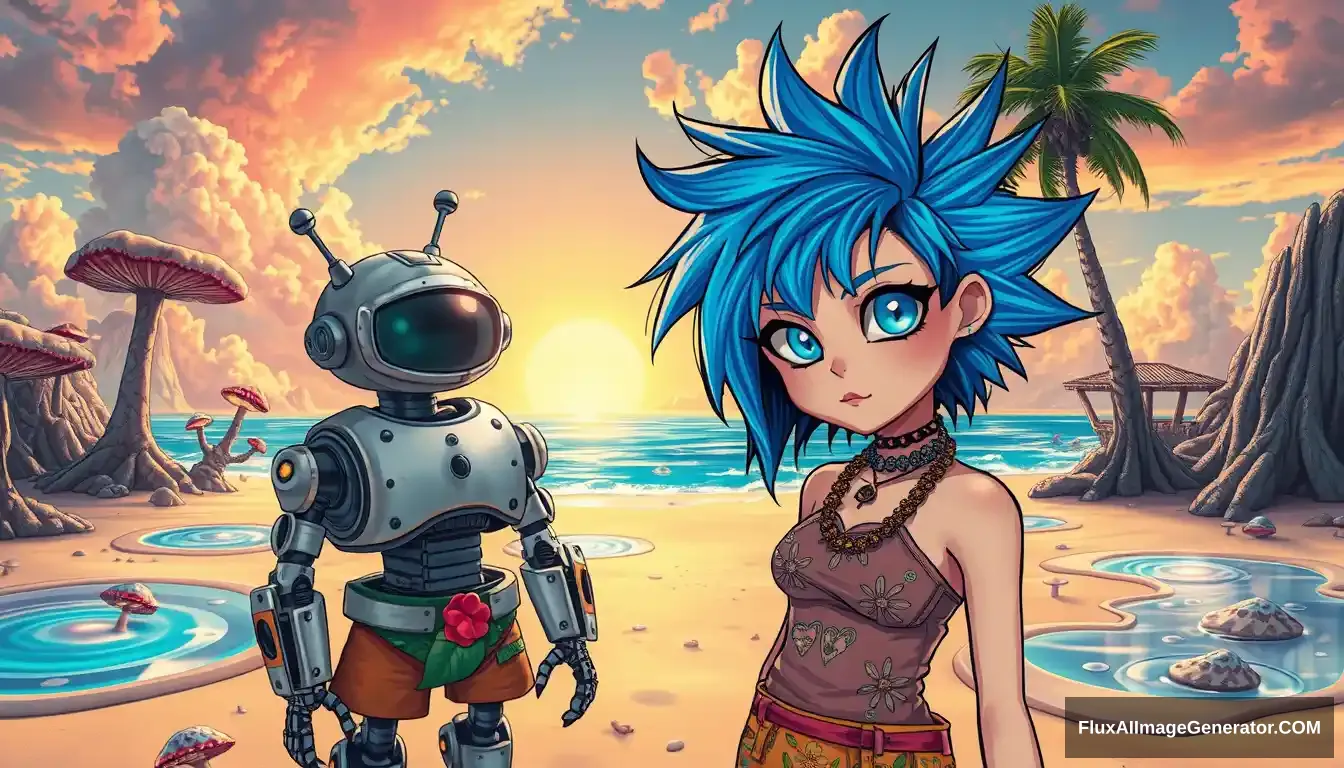 Photo: A scene features a punk girl with electric blue spiky hair rendered in the intricate style of Enki Bilal, beside a charming retro-futuristic robot in Hawaiian shorts, on a surreal alien beach adorned with iridescent fungi and shimmering lakes, all beneath a vibrant, dreamlike sky. - Image