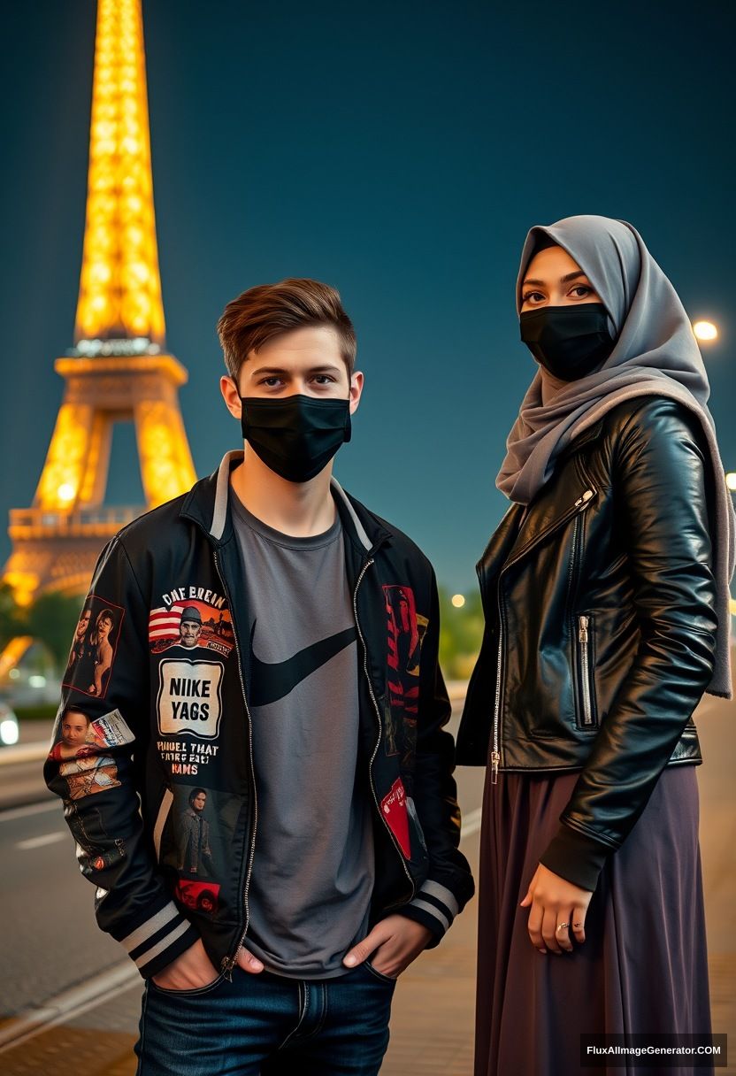 Jamie Dornan, young, wearing a black face mask, in a collage-style jacket, Nike t-shirt, jeans, tall and fit, 

dating, love with a big grey hijab Muslim girl, beautiful eyes, wearing a black face mask, leather jacket, the biggest and longest skirt, cute,

standing near the Eiffel Tower, nighttime scenery, hyper-realistic, photorealistic, street photography.