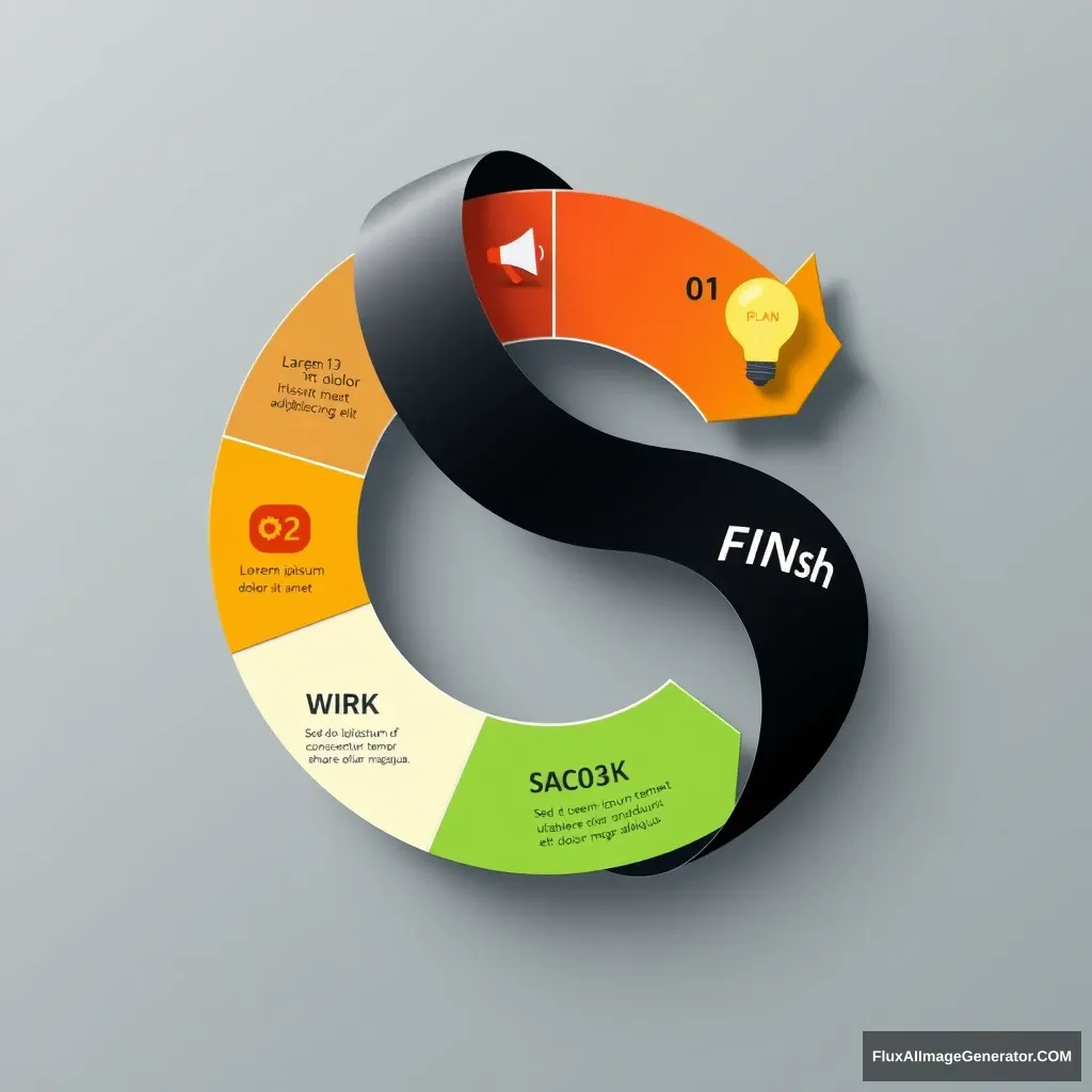 Business timeline infographic, circular diagram divided into 6 colored sections like pie chart, resembling a snake or spiral. Thick black arrow wrapping around the sections showing clockwise progression, with arrow head pointing to "FINISH". Section 1: "01 PLAN" icon light bulb in orange. Text "Lorem ipsum dolor sit amet, consectetur adipiscing elit. Sed do eiusmod tempor incididunt ut labore et dolore magna aliqua." Section 2: "02" icon megaphone in yellow. Section 3: "03 WORK" icon gears in green. Text "Lorem ipsum dolor sit amet, consectetur adipiscing elit. Sed do eiusmod tempor incididunt ut labore et dolore magna aliqua." Section 4: "04 TARGET" dart board icon in turquoise blue. Text "Lorem ipsum dolor sit amet, consectetur adipiscing elit. Sed do eiusmod tempor incididunt ut labore et dolore magna aliqua." Section 5: "05" diamond icon in purple. Section 6: "06 FINISH" checkmark icon in dark purple, with "SUCCESS" and smaller text.