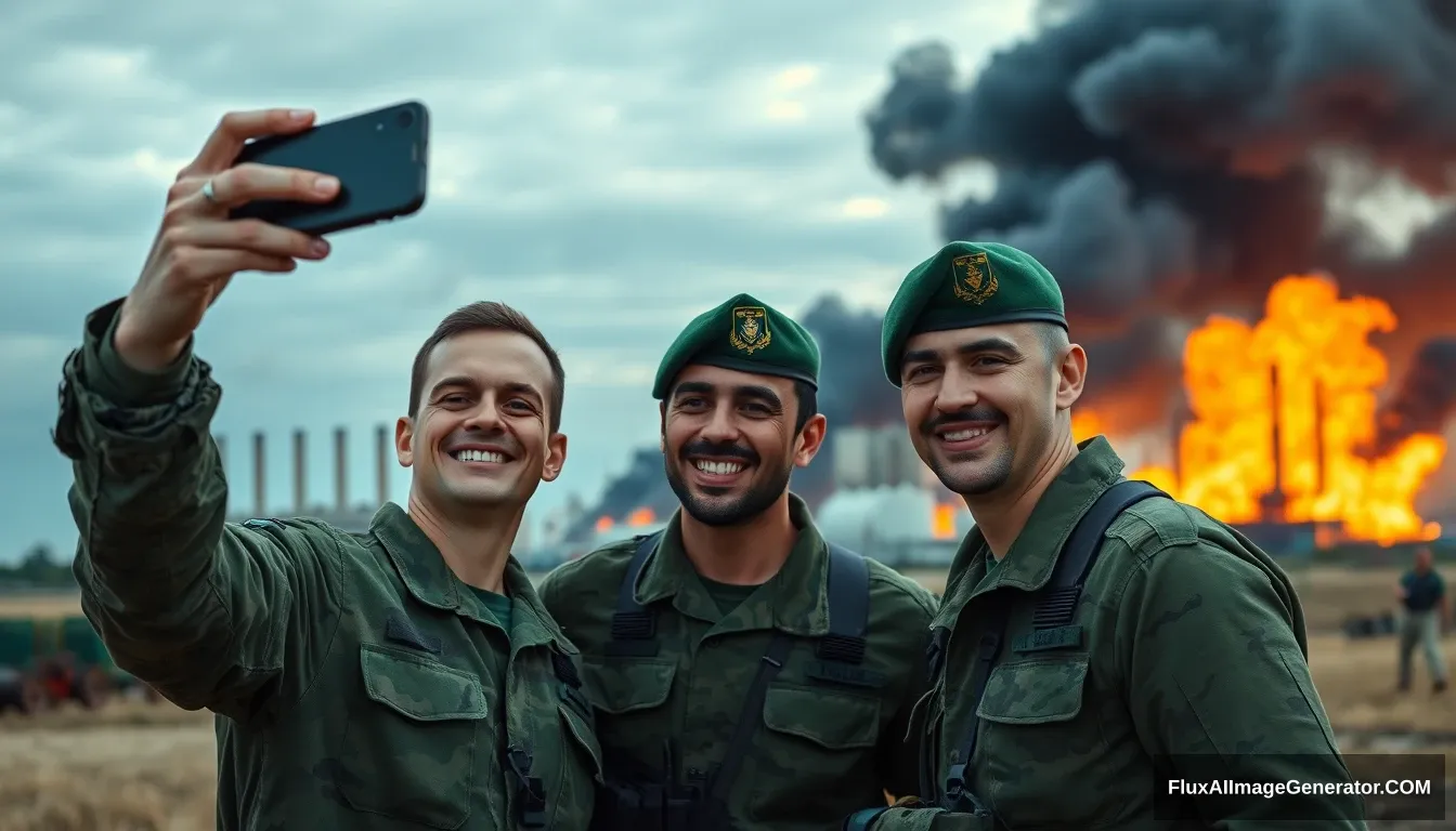 Create a realistic image of two smiling soldiers in military uniform taking a selfie with a smartphone. The photo should have the typical quality of a phone camera, including slight blur and lower resolution. Behind them, a large industrial complex is engulfed in flames and thick black smoke rises into the sky. The soldiers are wearing green camouflage uniforms, one with a green beret. The setting is an open field near the industrial site, with a sense of tension yet camaraderie between the soldiers.