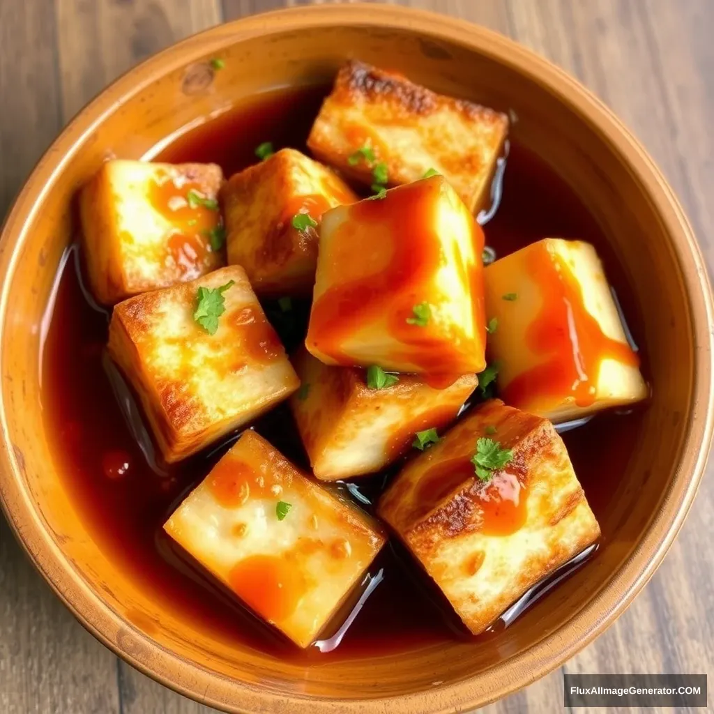 "Changsha stinky tofu smells bad but tastes great; it is a traditional snack from Hunan. It's crispy on the outside and tender on the inside, served with a special chili sauce and soy sauce, making it delicious. Do you like spicy food?" - Image