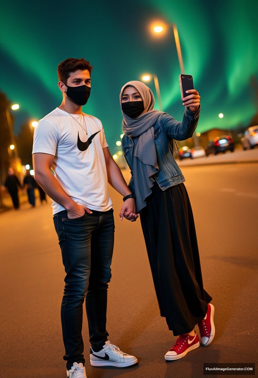 Jamie Dornan, handsome, black face mask, white Nike t-shirt, jeans, sneakers, dating romantically with a grey hijab-wearing Muslim girl, beautiful eyes, black face mask, jeans jacket, very long and big skirt, not a tall girl, red sneakers, holding hands, photorealistic, street photography, full photography, selfie photos, night scenery, aurora. - Image