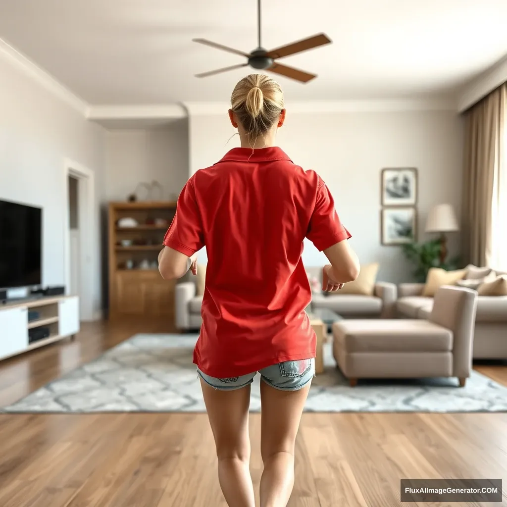 Front view of a skinny blonde woman in her large living room, wearing an oversized red polo t-shirt that hangs unevenly on one shoulder, paired with knee-height light blue denim shorts. She is barefoot and facing the camera as she gets off her chair and runs towards it, with both arms straight down at her sides. - Image