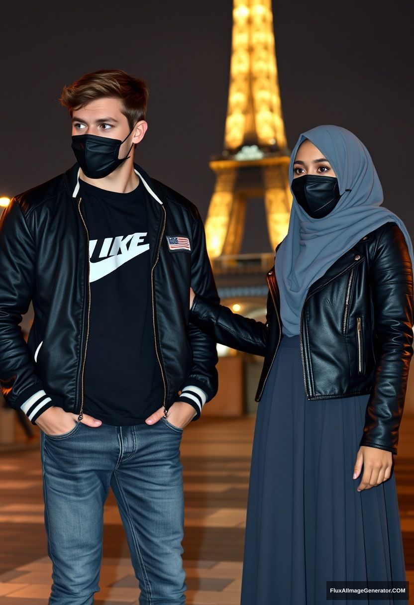 Jamie Dornan, young, wearing a black face mask, a collage jacket, Nike t-shirt, jeans, tall man, fit body,

Dating, in love with the biggest grey hijab Muslim girl, with beautiful eyes, wearing a black face mask, leather jacket, the biggest longest skirt, a cute short girl,

standing near the Eiffel Tower, night scenery, hyper-realistic, photorealistic, street photography.