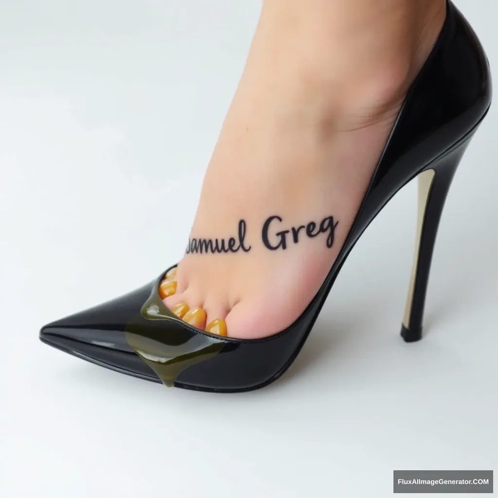 The name "Samuel Greg" on a woman's foot in a black high heel. There is oil all over the foot. - Image