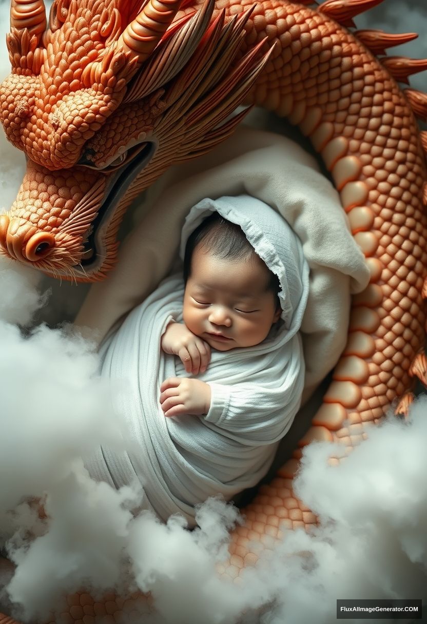 A one-month-old Chinese baby swaddled in white fabric, lying in the embrace of an Eastern giant dragon, majestic and powerful. The dragon surrounds him, with intricate details: scales, dorsal fins, fur, and clouds that appear hazy and mystical, creating an enchanting atmosphere. The baby's skin is fair and delicate, in a high-quality realistic photo, a masterwork, panoramic view.