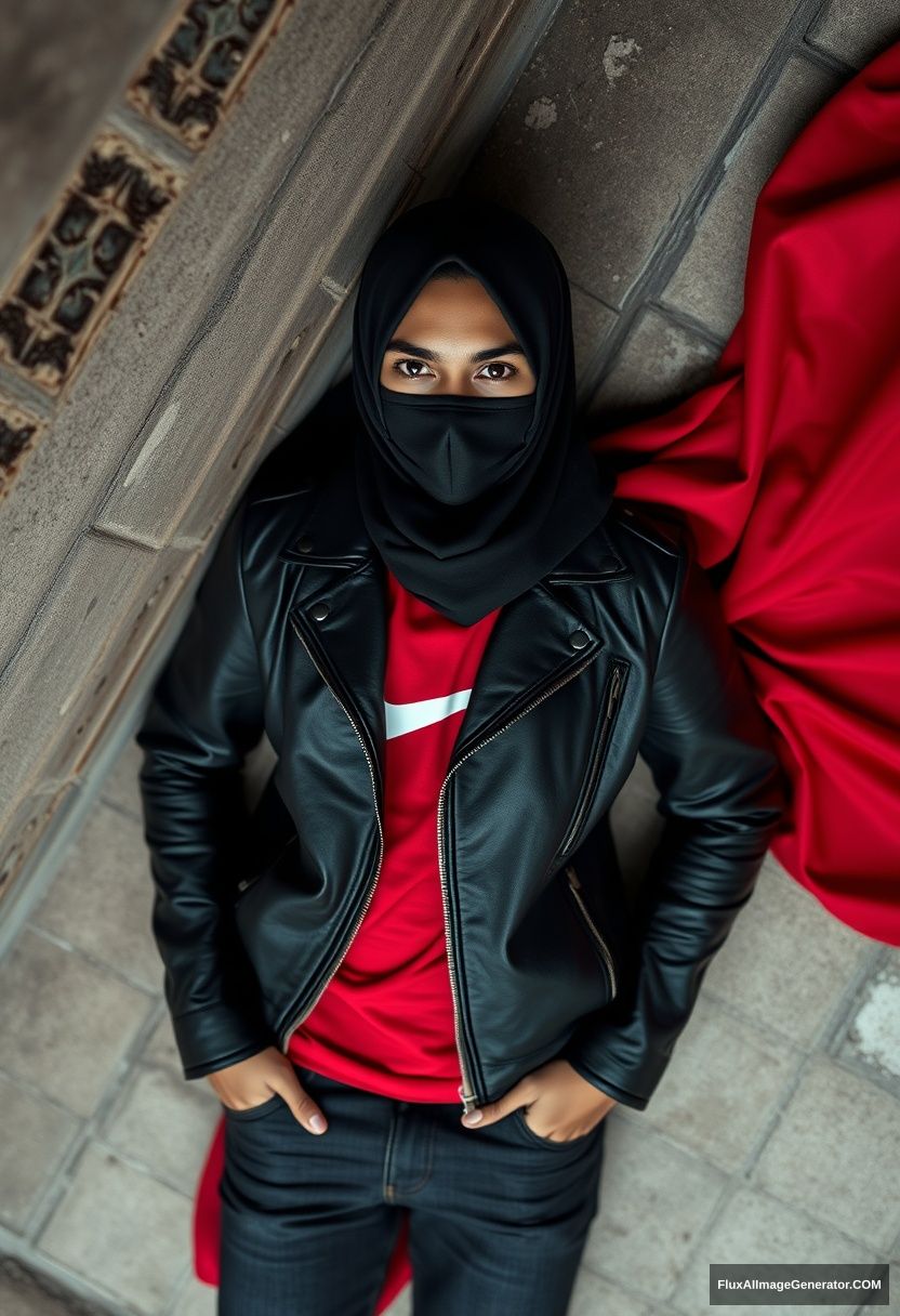 A biggest black hijab girl, beautiful eyes, face mask black, black leather jacket, biggest red longest dress, not tall, laying at him,

Jamie Dornan, handsome, face mask black, fit and tough body, Nike red t-shirt, black leather jacket, jeans, tall man, laying at wall,

Hyper realistic, photorealistic, studio photography, Victoria's abandoned castle, gloomy.