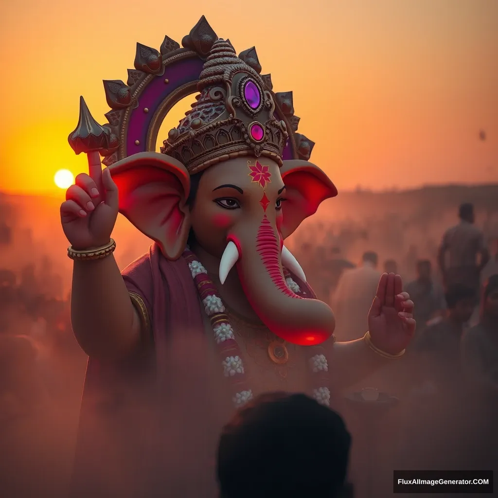 Create a new avatar of the real Ganesh Indian god with a rush of people surrounding him; this is a sunset view with dune light, 4K, real people, an unreal engine, and a dark image. - Image