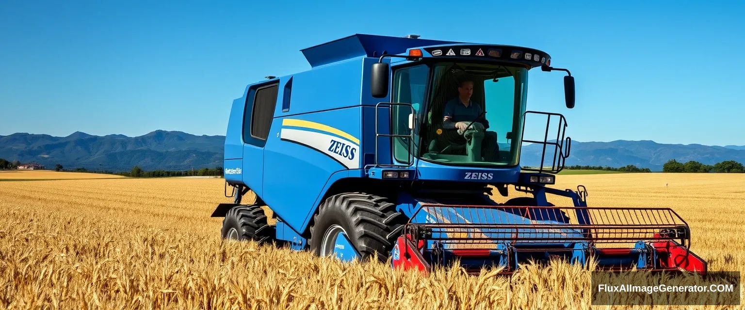 High resolution photography of a combine harvester in a field in Tuscany. The combine harvester has a ZEISS logo on it and is blue. The sky is blue as well, and in the background, there are mountains. - Image