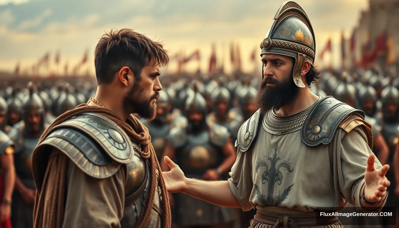 Create an image of two men standing apart and arguing while onlookers crowd around. The man on the right is a young man with messy unkempt hair and a short beard, wearing just a simple biblical-era shepherd’s tunic. He has a serious expression, looking intently at the left eye of the man he is arguing with, arms stretched out to the sides, and a serious expression on his face. The other man appears middle-aged, has a black beard, and is dressed in a full suit of bronze-age Mesopotamian armor with laminated strips of bronze and a conical helmet with a pointed tip. The background features a blurred crowd of soldiers also wearing armor similar to the king. Standing on the horizon further in the background is a blurred front of a large biblical-era army. The overall mood of the image is one of anxiety and concern.