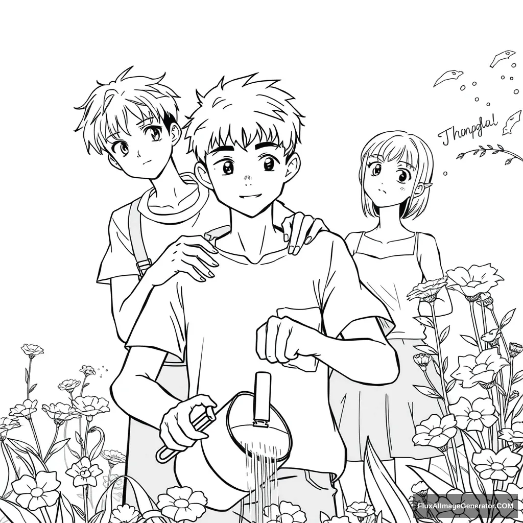 Anime line art, front view of a handsome tall boy watering the flowers, while a young woman standing behind him puts both hands on his shoulders, tilting her head and looking curious.