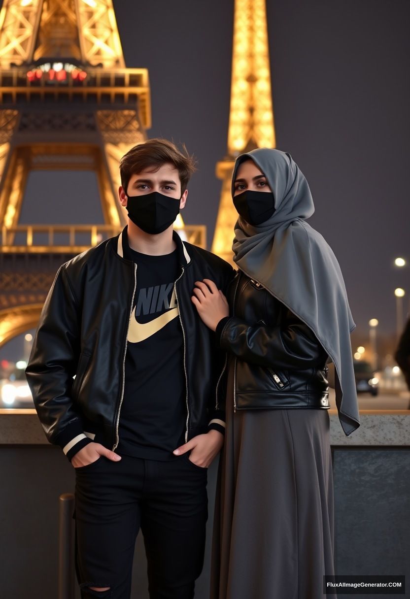 Jamie Dornan, young, black face mask, collage jacket, Nike t-shirt, jeans, tall, fit body, 

Dating, love with the biggest grey hijab Muslim girl, beautiful eyes, black face mask, leather jacket, largest longest skirt, cute, 

standing near the Eiffel Tower, night scenery, hyper-realistic, photorealistic, street photography. - Image