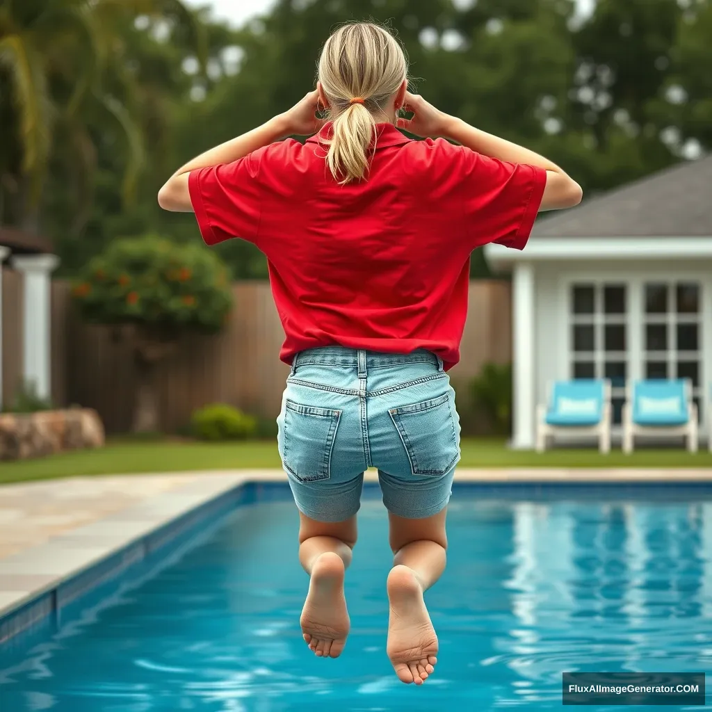 Back view of a young blonde skinny woman who is in her early twenties is in her massive backyard wearing a massively oversized red polo t-shirt which is a bit off balance on one of the shoulders and the bottom part of her t-shirt is tucked in all sides. She is also wearing M-sized light blue denim shorts, and she is wearing no shoes or socks. She dives into her pool head first. - Image