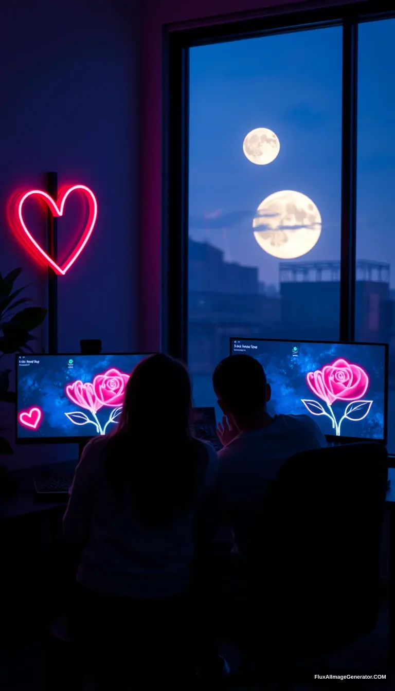 A romantic evening scene featuring a couple playing video games together in an illuminated esports room. The room is decorated with soft, ambient lighting, with heart-shaped neon signs and digital roses blooming on the screens. In the background, a moonlit sky can be seen through a large window, casting a gentle glow on the couple. - Image