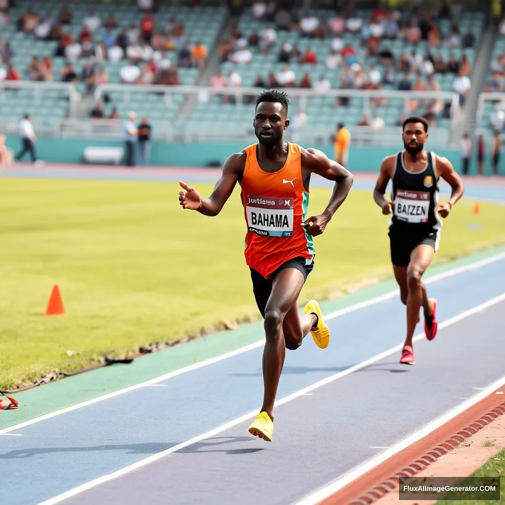 Black Bahamian track and field runners handing off a baton on the track in a race.