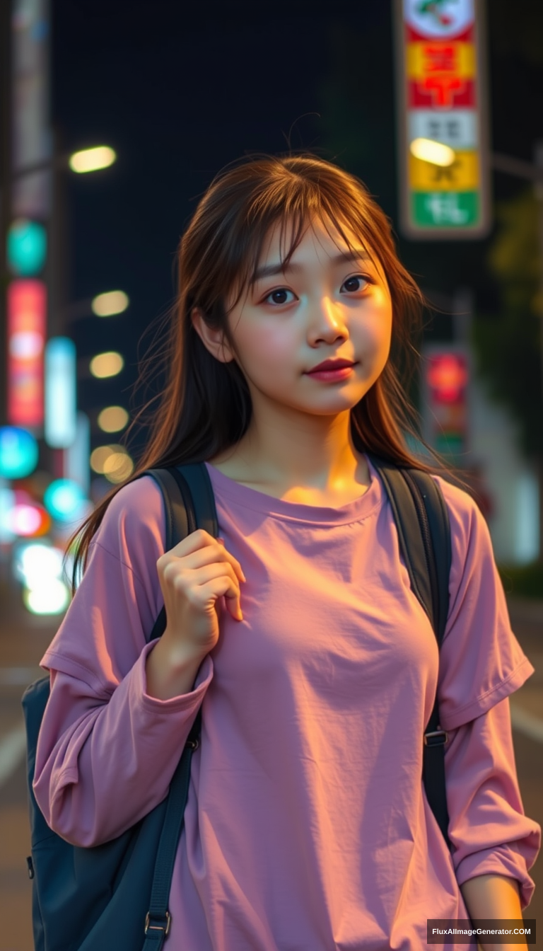 A female high school student is on her way home from school, of East Asian descent, in a full-body view, with colorful lights at night. - Image