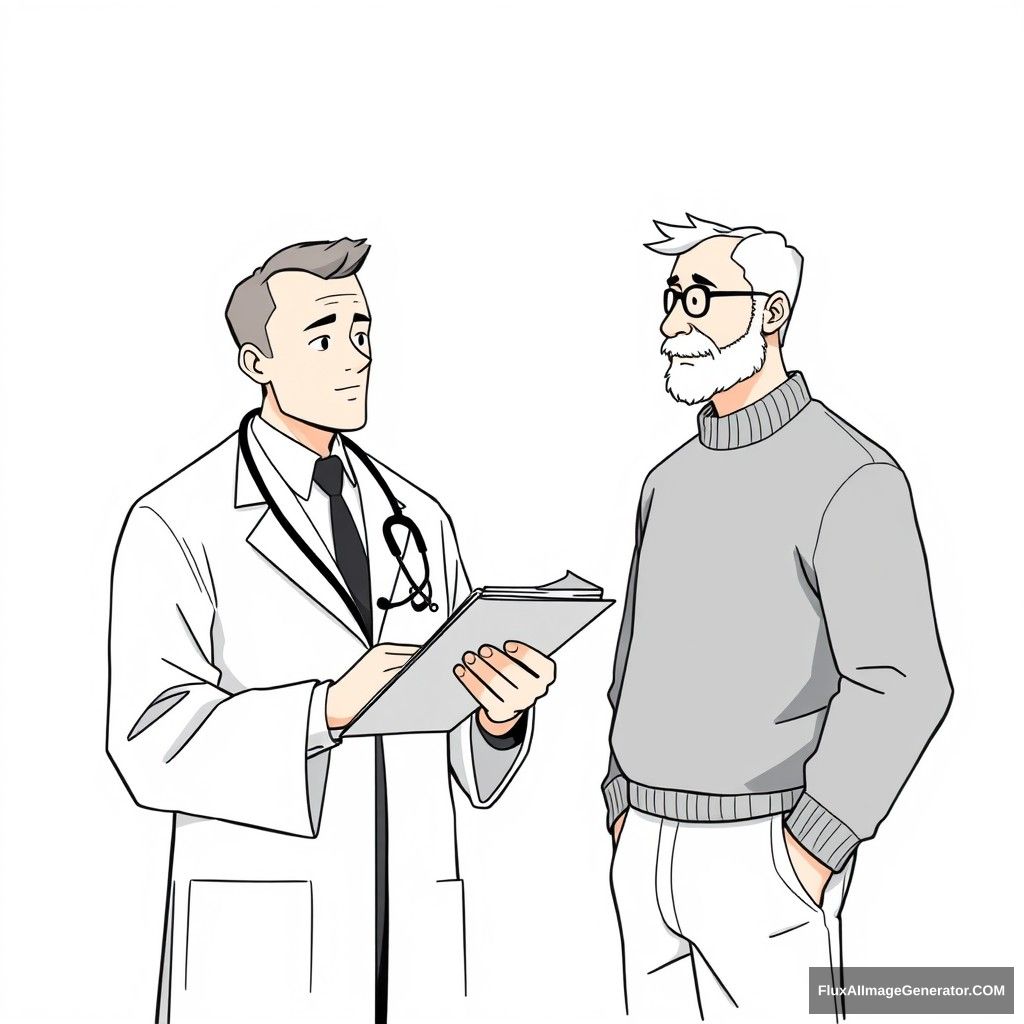 A doctor is taking notes and talking to a middle-aged man next to him, in a minimalist style with simple black and white lines, white background, and anime style. - Image