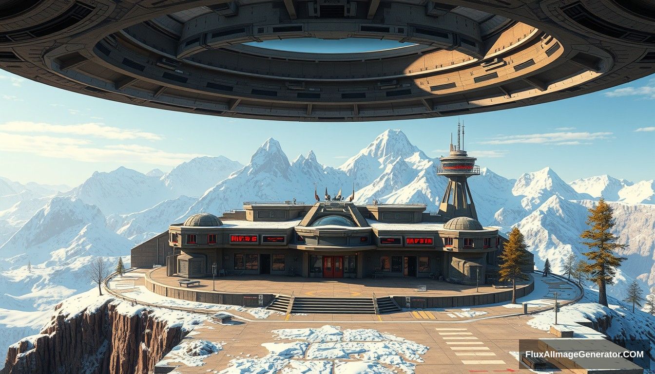 Cel shaded art, wide shot, a sci-fi center on the top of a snow mountain, open air, close look, cyberpunk, military base, Star Wars style, indoor, patio, morning, sunlight, fortress, mountain, rock, snow, tarmac, parking apron, cave, tree, landing field, cliff, round shape, tower.