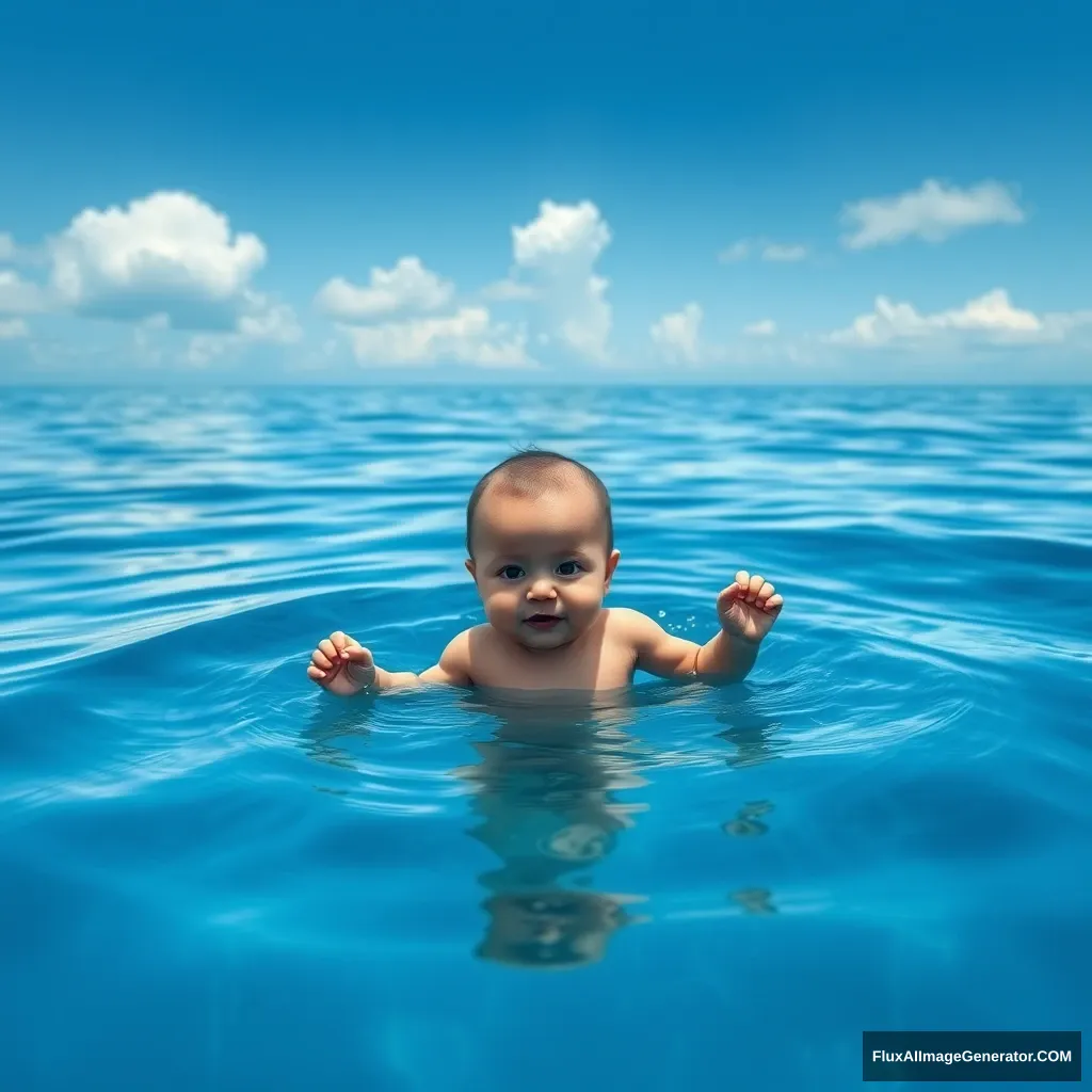 A human baby is born in the sea, wide view.