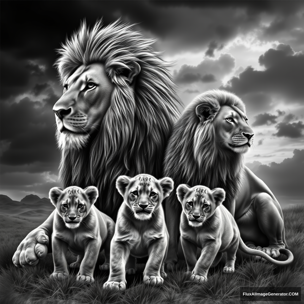 "Create a dramatic black and white image of a lion family. The scene includes a majestic male lion with a flowing mane, a protective lioness, and two playful lion cubs in the foreground. The background features a stormy sky with dark clouds, enhancing the dramatic effect. The lions should be depicted with realistic detail and a sense of unity, emphasizing their familial bond and strength."