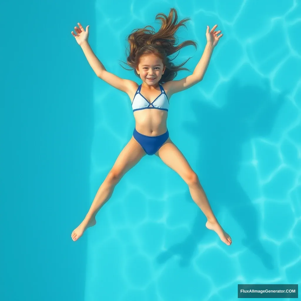 Create a photo: A girl is wearing swimwear and floating on the surface of the pool. Her arms and legs form an X.