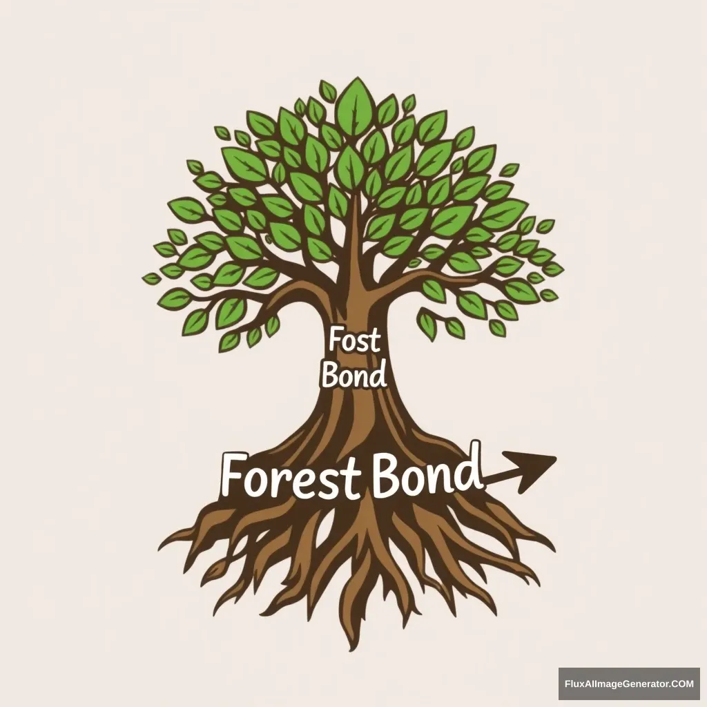 It's a logo for an app called forestbond. It's a tree in the shape of a woman spreading its branches with a lot of leaves. It gives the impression of deep and solid roots. Draw it in a reverent way. Write the words Forest Bond in the drawing arrow.