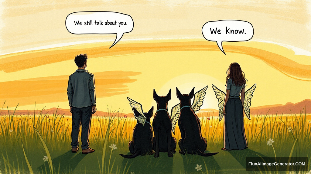 Messy, pencil sketch colour illustration: 4 silhouetted figures—2 male, 2 female—stand in a lush meadow at golden hour. 3 ethereal, winged dobermans sit beside them. Facing away from the viewer. Speech bubbles float above: "We still talk about you" (human), "We know" (dog). Nostalgic atmosphere, convey wistful longing.