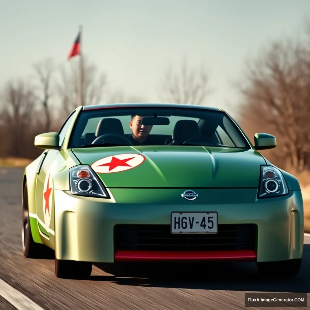 Create an image of a Nissan 350z with North Korea livery driven by Kim Jong-un.