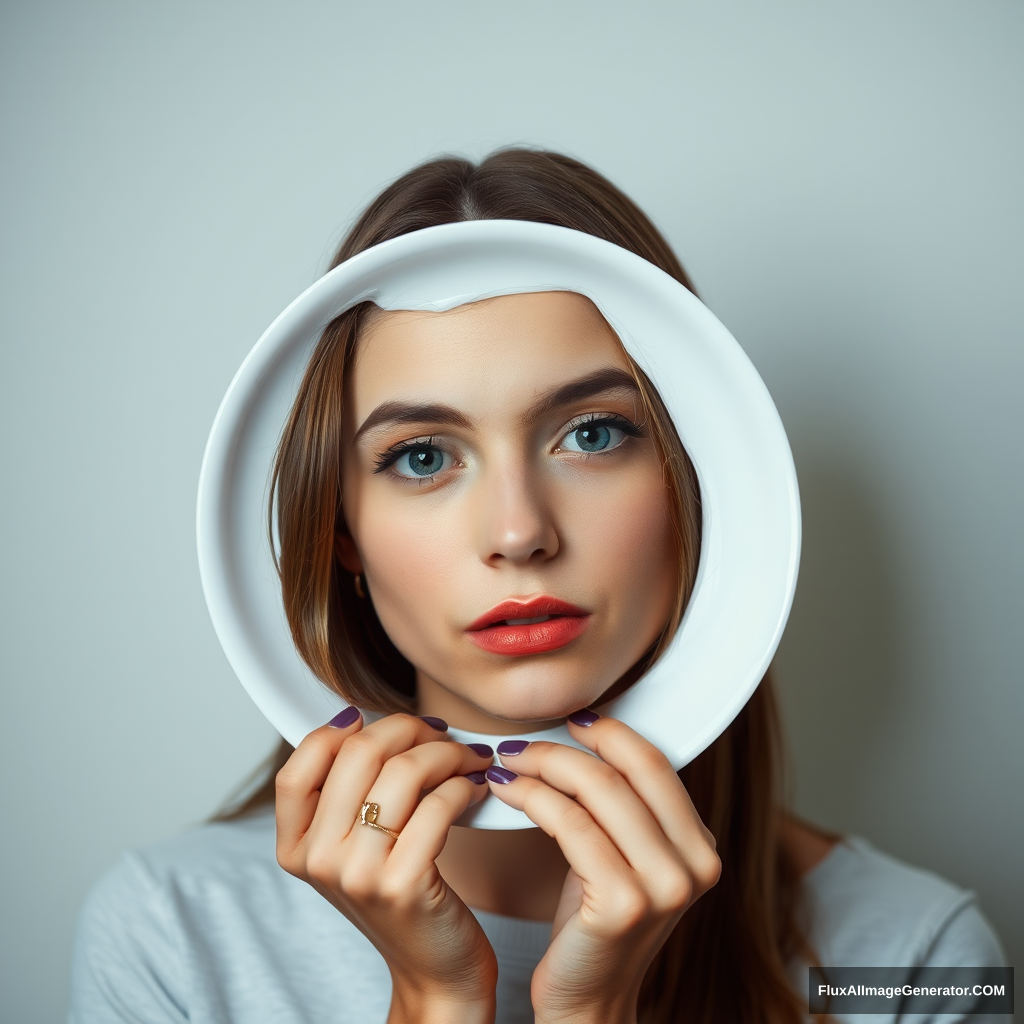 Young woman in front of an empty plate, pretending there is food on it. - Image