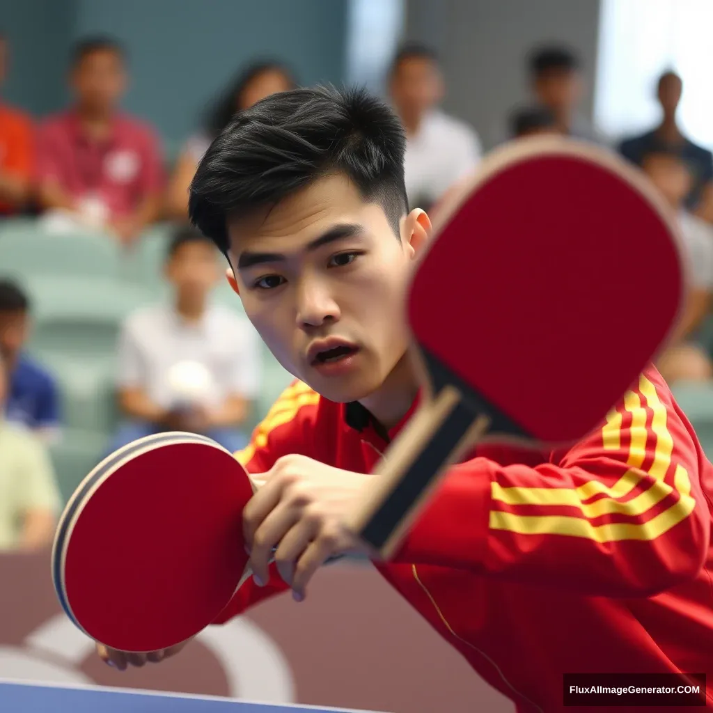 Table tennis racket, male focus, realistic, Chinese team athlete, motion moment Brunette, blur, table tennis, 1boy, racket, motion blur, red and gold striped tracksuit, blurred spectator in the distance, Asian ...